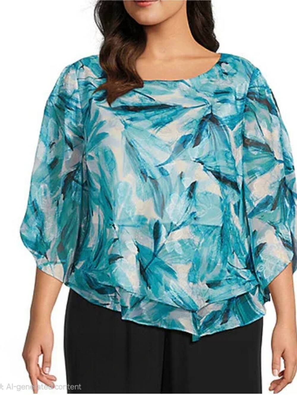 Alex Evenings Teal and White Floral Sheer Tie-Front Blouse Size 3X